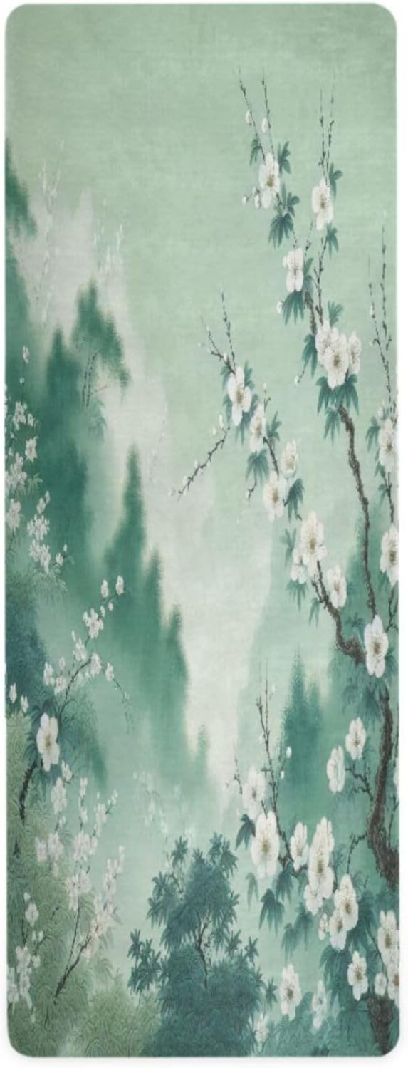 Traditional Chinese Ink Style Yoga Mat – Non-Slip Foldable Exercise Mat with Floral Landscape Design, Extra Cushion for Comfort