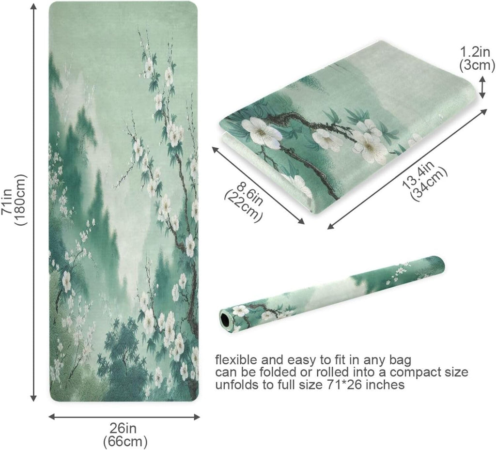 Traditional Chinese Ink Style Yoga Mat – Non-Slip Foldable Exercise Mat with Floral Landscape Design, Extra Cushion for Comfort