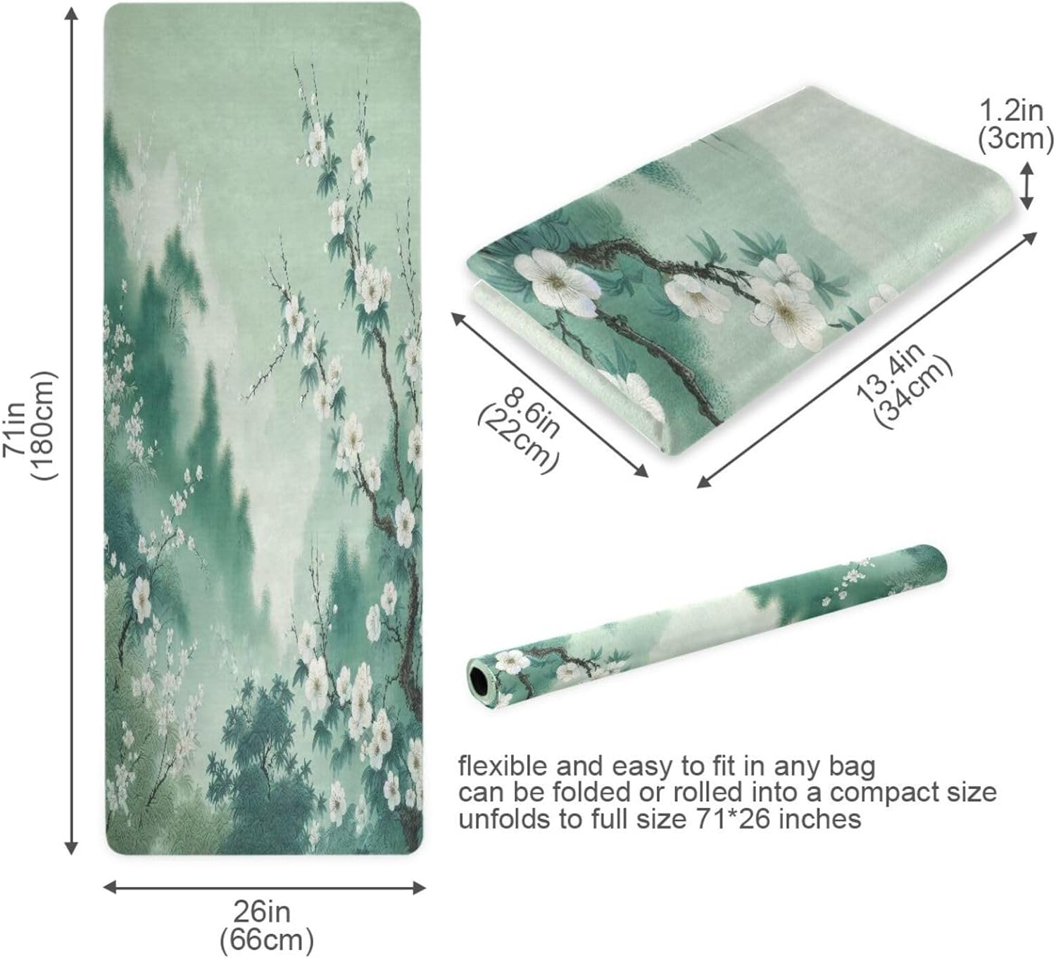 Traditional Chinese Ink Style Yoga Mat – Non-Slip Foldable Exercise Mat with Floral Landscape Design, Extra Cushion for Comfort