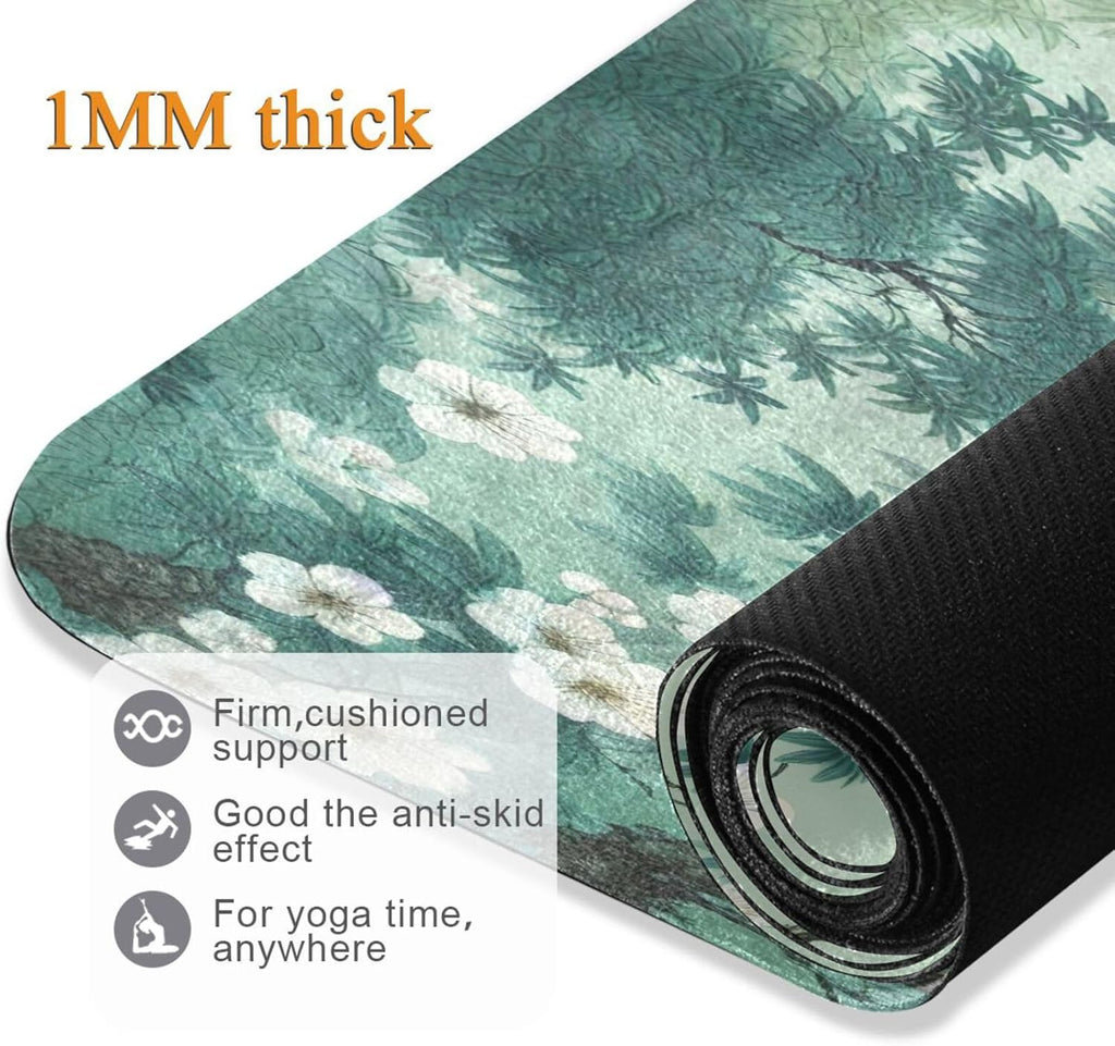 Traditional Chinese Ink Style Yoga Mat – Non-Slip Foldable Exercise Mat with Floral Landscape Design, Extra Cushion for Comfort