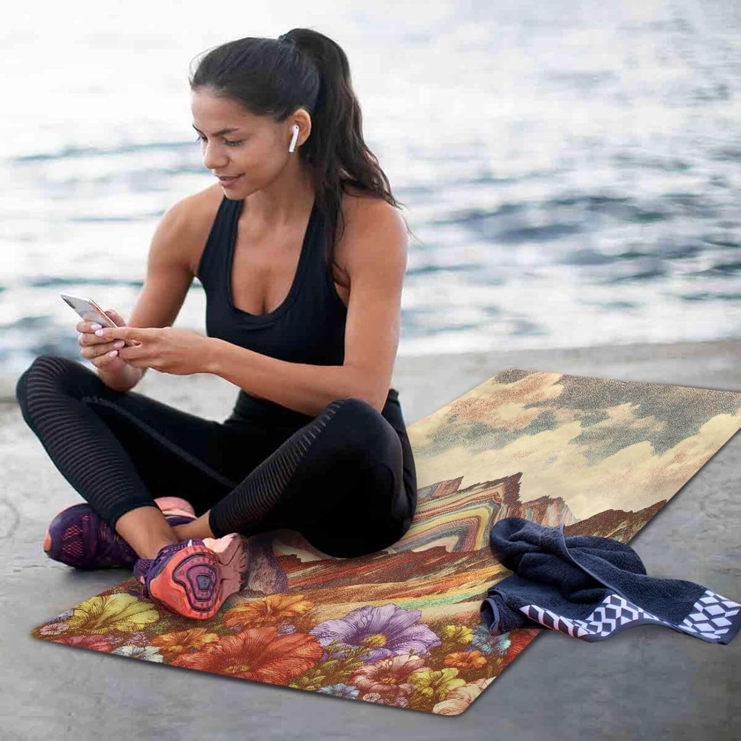 Foldable Travel Yoga Mat | Portable Non-Slip Exercise Mat with Colorful Mountain & Floral DesignCompact, Durable, and Comfortable