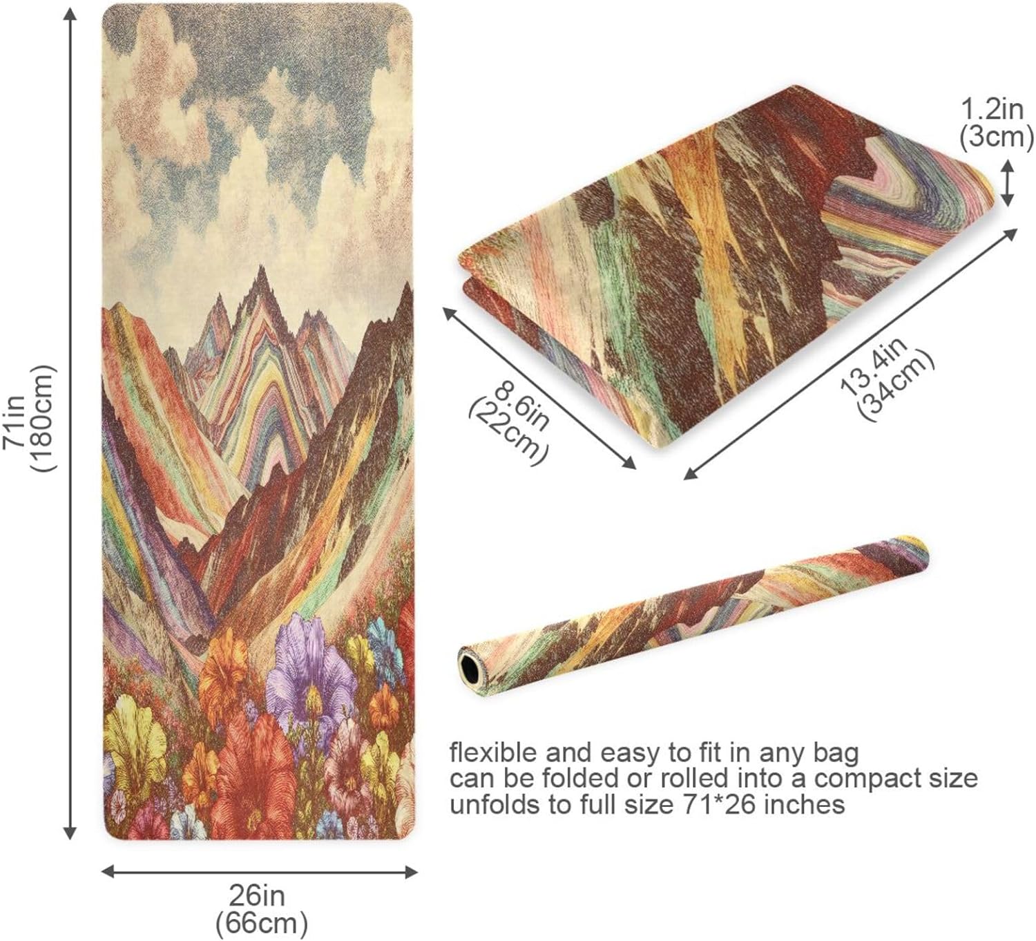 Foldable Travel Yoga Mat | Portable Non-Slip Exercise Mat with Colorful Mountain & Floral DesignCompact, Durable, and Comfortable